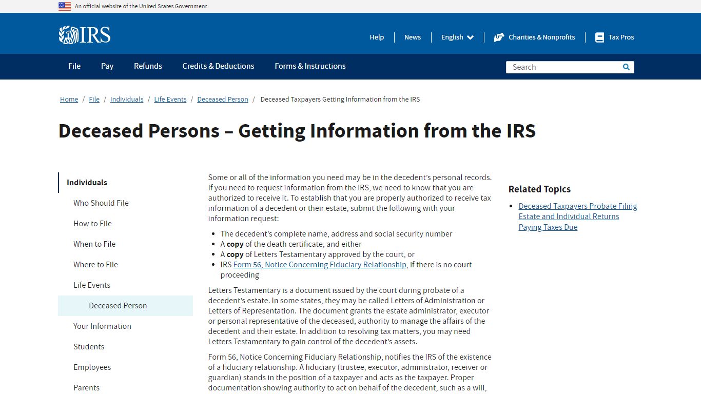 Deceased Persons – Getting Information from the IRS